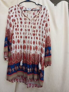 PPLA Cream Tunic Dress with Red and Blue Paisley Print